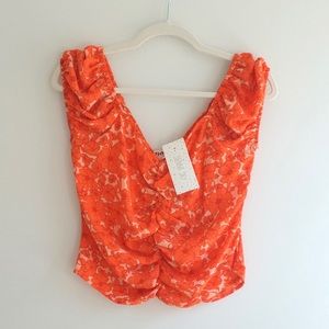 New With Tags Sienna Sky Orange Floral Ruched Top Medium